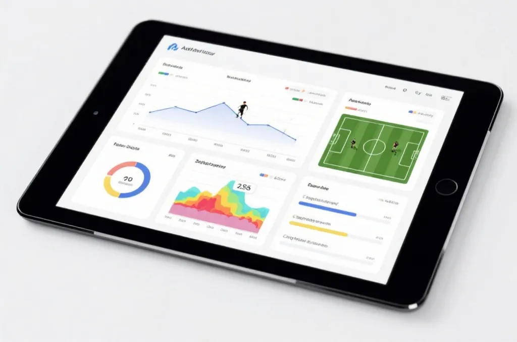 Sports analytics dashboard on a tablet screen, showing player performance graphs, heatmaps, soccer field graphic, professional and clean design